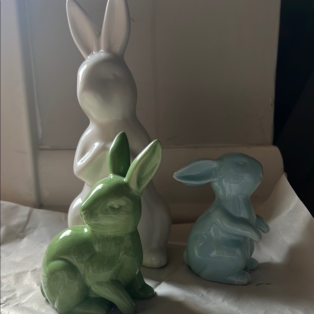 Ceramic Rabbit Figurine Set - White, Green, and Blue